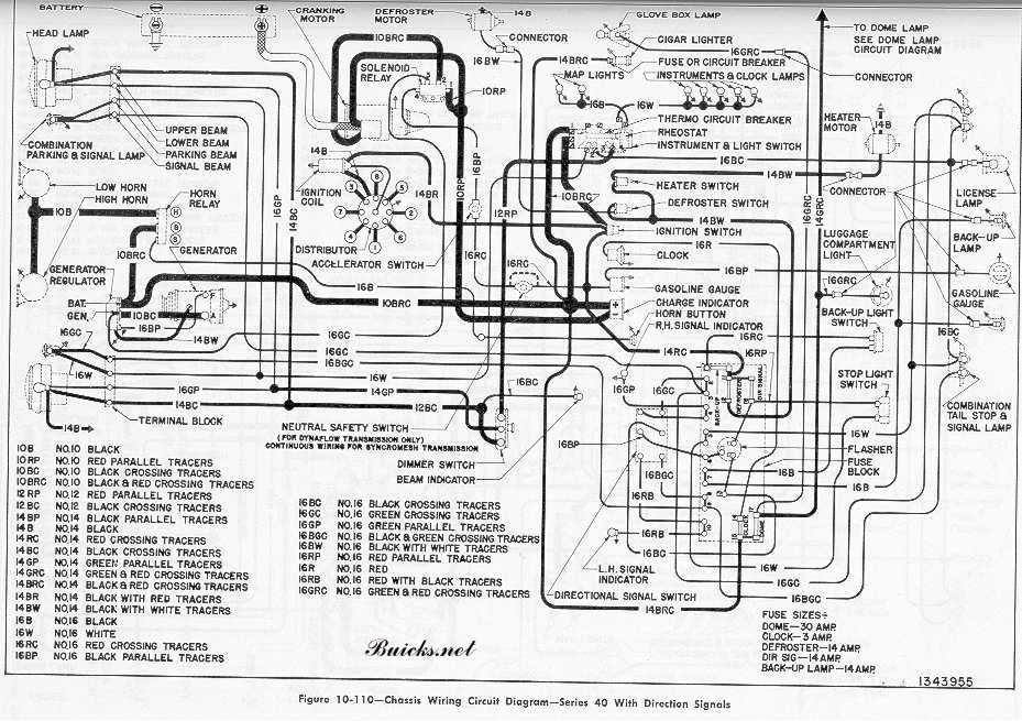1952 Buick Chassis Wiring Circuit Diagram - Series 40 With Direction Signals